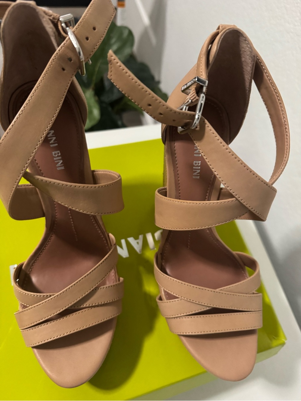 Gianni Bini Nude/Tan Strappy Block Heel Sandals with Ankle Strap